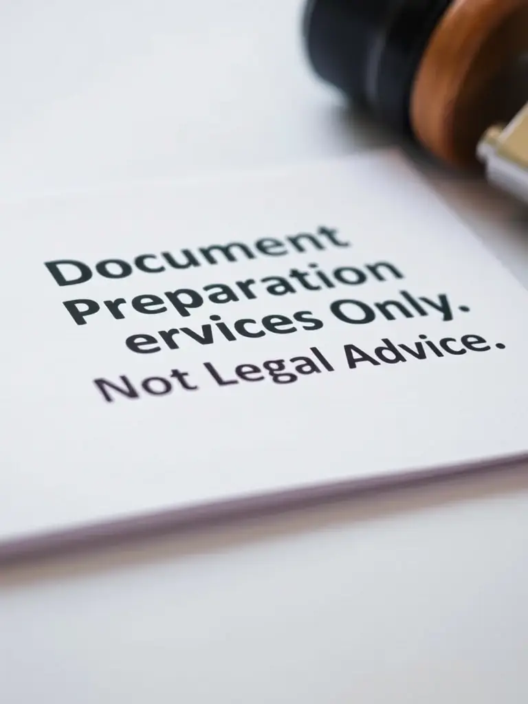 A professional disclaimer notice stating 'Document Preparation Services Only. Not Legal Advice' in a clear and easily readable format.